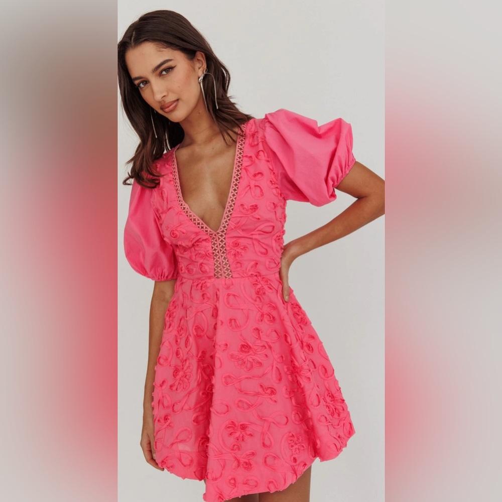 Angel Biba Women’s Samsara Puff Sleeve Mini Dress Hot Pink Eyelet Medium New